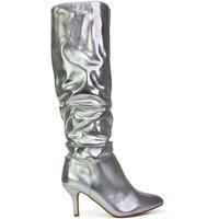 XY London Women's 'Sian' Ruched Knee High Pointed Mid Stiletto Heel Boots in Metallic Silver | Size: 5