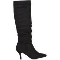 XY London Women's 'Sian' Ruched Knee High Pointed Mid Stiletto Heel Boots in True Black | Size: 7