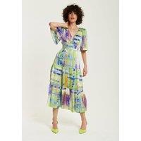 Liquorish Women's Green Abstract Print Midi Dress with Short Sleeves | Size: 8