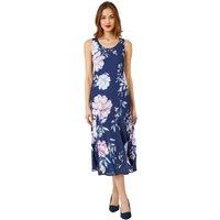 Roman Women's Sleeveless Floral Bias Chiffon Midi Dress in Navy | Size: 10