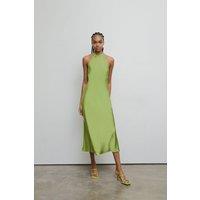 Warehouse Women's Satin Halter Neck Backless Slip Dress in Green | Size: 16