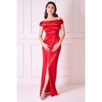 Goddiva Women's Cowl Bardot Satin Twill Maxi Dress in Red | Size: 12