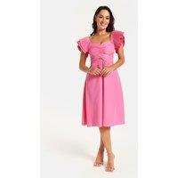 Liquorish Women's Frill Sleeves Midi Dress in Pink With Ruching Front | Size: 12