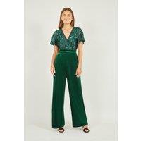 Yumi Women's Green Sequin Embellished Velvet Jumpsuit With Angel Sleeves | Size: 16
