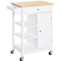 HOMCOM Kitchen Storage Trolley Cart Unit Wood Top Shelves Cupboard Drawer in White