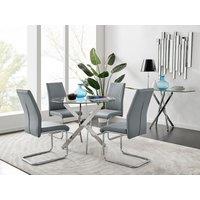 FurnitureboxUK Novara Clear Tempered Glass 100cm Round Dining Table with Chrome Starburst Legs & 4 Lorenzo Faux Leather Chairs in Grey