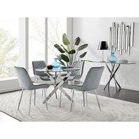 FurnitureboxUK Novara Clear Tempered Glass 100cm Round Dining Table with Chrome Starburst Legs & 4 Pesaro Velvet Silver Leg Chairs in Grey