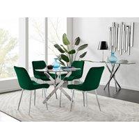 FurnitureboxUK Novara Clear Tempered Glass 100cm Round Dining Table with Chrome Starburst Legs & 4 Pesaro Velvet Silver Leg Chairs in Green