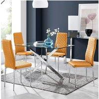 FurnitureboxUK Leonardo Glass & Chrome Metal Dining Table & 4 Milan Chairs Set in Mustard