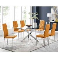 FurnitureboxUK Leonardo Glass & Chrome Metal Dining Table & 6 Milan Chairs Dining Set in Mustard