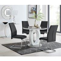 FurnitureboxUK Giovani Round 4 Seat 100cm White High Gloss Unique Halo Base Grey Glass Top Dining Table 4 Soft Faux Leather Lorenzo Chairs in Black