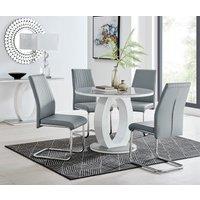 FurnitureboxUK Giovani Round 4 Seat 100cm White High Gloss Unique Halo Base Grey Glass Top Dining Table 4 Soft Faux Leather Lorenzo Chairs in Mustard