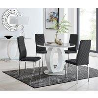 FurnitureboxUK Giovani Round 4 Seat 100cm White High Gloss Halo Base Grey Glass Top Dining Table 4 Soft Faux Leather Silver Leg Milan Chairs in Black