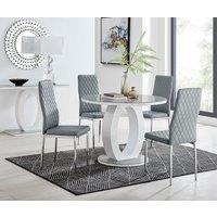 FurnitureboxUK Giovani Round 4 Seat 100cm White High Gloss Halo Base Grey Glass Top Dining Table 4 Soft Faux Leather Silver Leg Milan Chairs