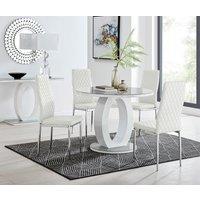 FurnitureboxUK Giovani Round 4 Seat 100cm White High Gloss Halo Base Grey Glass Top Dining Table 4 Soft Faux Leather Silver Leg Milan Chairs