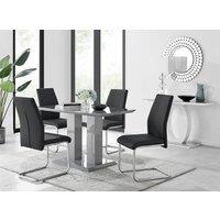 FurnitureboxUK Imperia Grey High Gloss 4 Seater Dining Table with Structural 2 Plinth Column Legs 4 Soft Faux Leather Lorenzo Chairs in Black