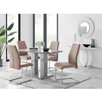 FurnitureboxUK Imperia Grey High Gloss 4 Seater Dining Table with Structural 2 Plinth Column Legs 4 Soft Faux Leather Lorenzo Chairs in Beige