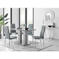FurnitureboxUK Imperia Grey High Gloss 4 Seater Dining Table with Structural 2 Plinth Column Legs 4 Soft Faux Leather Silver Leg Milan Chairs