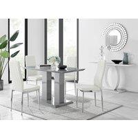 FurnitureboxUK Imperia Grey High Gloss 4 Seater Dining Table with Structural 2 Plinth Column Legs 4 Soft Faux Leather Silver Leg Milan Chairs in White