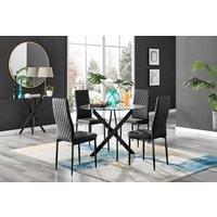 FurnitureboxUK Novara 4 Seater Black Leg Round Glass Dining Table & 4 Milan Faux Leather Black Leg Chairs