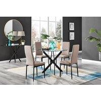 FurnitureboxUK Novara 4 Seater Black Leg Round Glass Dining Table & 4 Milan Faux Leather Black Leg Chairs in Beige
