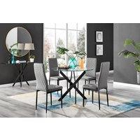 FurnitureboxUK Novara 4 Seater Black Leg Round Glass Dining Table & 4 Milan Faux Leather Black Leg Chairs in Grey