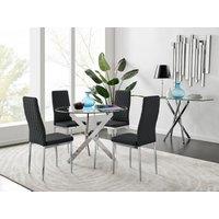 FurnitureboxUK Novara Clear Tempered Glass 100cm Round Dining Table with Chrome Starburst Legs & 4 Milan Faux Leather Chairs in Black