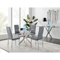FurnitureboxUK Novara Clear Tempered Glass 100cm Round Dining Table with Chrome Starburst Legs & 4 Milan Faux Leather Chairs in Grey