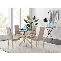 FurnitureboxUK Novara 100cm Round Tempered Glass Dining Table with Gold Legs & 4 Milan Faux Leather Chairs in Beige