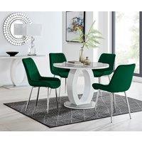 FurnitureboxUK Giovani Round 4 Seat 100cm White High Gloss Halo Base Grey Glass Top Dining Table 4 Soft Velvet Silver Leg Pesaro Chairs in Green