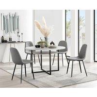 FurnitureboxUK Adley Grey Concrete Effect & Black Round Dining Table with Shelf & 4 Faux Leather Corona Dining Chairs