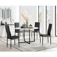 FurnitureboxUK Adley Grey Concrete Effect & Black Round Dining Table with Shelf & 4 Faux Leather Milan Dining Chairs