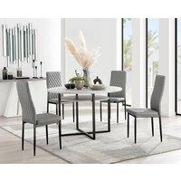 FurnitureboxUK Adley Grey Concrete Effect & Black Round Dining Table with Shelf & 4 Faux Leather Milan Dining Chairs