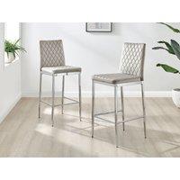 FurnitureboxUK Set of 2 Milan Soft Touch Hatched Velvet Padded Bar Stools With Silver Chrome Metal Legs in Beige