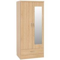 Seconique Nevada Mirrored 2 Door 1 Drawer Wardrobe in Light Oak