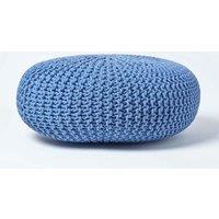 Homescapes Large Round Cotton Knitted Pouffe Footstool in Blue