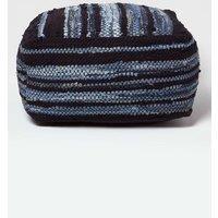 Homescapes Texas Leather, Denim Woven Striped Bean Filled Pouffe, 60 cm in Blue