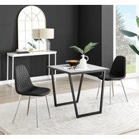 FurnitureboxUK Carson White Marble Effect Square Dining Table & 2 Faux Leather Corona Silver Chairs in Black