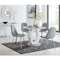 FurnitureboxUK Giovani Round 4 Seat 100cm White High Gloss Halo Base Grey Glass Top Dining Table 4 Soft Faux Leather Silver Leg Corona Chairs