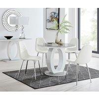 FurnitureboxUK Giovani Round 4 Seat 100cm White High Gloss Halo Base Grey Glass Top Dining Table 4 Soft Faux Leather Silver Leg Corona Chairs