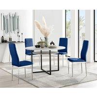 FurnitureboxUK Adley Grey Concrete Effect Round Dining Table & 4 Velvet Milan Chairs in Navy