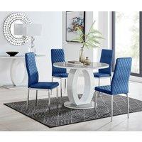 FurnitureboxUK Giovani Round 4 Seat 100cm White High Gloss Halo Base Grey Glass Top Dining Table 4 Soft Velvet Silver Leg Milan Chairs in Navy