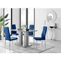 FurnitureboxUK Imperia Grey High Gloss 4 Seater Dining Table with Structural 2 Plinth Column Legs 4 Soft Velvet Silver Leg Milan Chairs in Navy