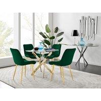 FurnitureboxUK Novara 100cm Round Tempered Glass Dining Table with Gold Legs & 4 Pesaro Velvet Chairs in Green