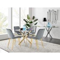 FurnitureboxUK Novara 100cm Round Tempered Glass Dining Table with Gold Legs & 4 Pesaro Velvet Chairs in Grey