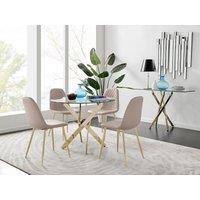 FurnitureboxUK Novara 100cm Round Tempered Glass Dining Table with Gold Legs & 4 Corona Faux Leather Chairs in Beige