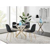 FurnitureboxUK Novara 100cm Round Tempered Glass Dining Table with Gold Legs & 4 Corona Faux Leather Chairs in Black