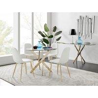 FurnitureboxUK Novara 100cm Round Tempered Glass Dining Table with Gold Legs & 4 Corona Faux Leather Chairs in White