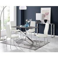 FurnitureboxUK Leonardo Grey Glass Marble Effect Silver Leg Table & 4 Milan Chrome Leg Chairs in White