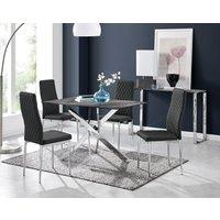 FurnitureboxUK Leonardo Grey Glass Marble Effect Silver Leg Table & 4 Milan Chrome Leg Chairs in Black